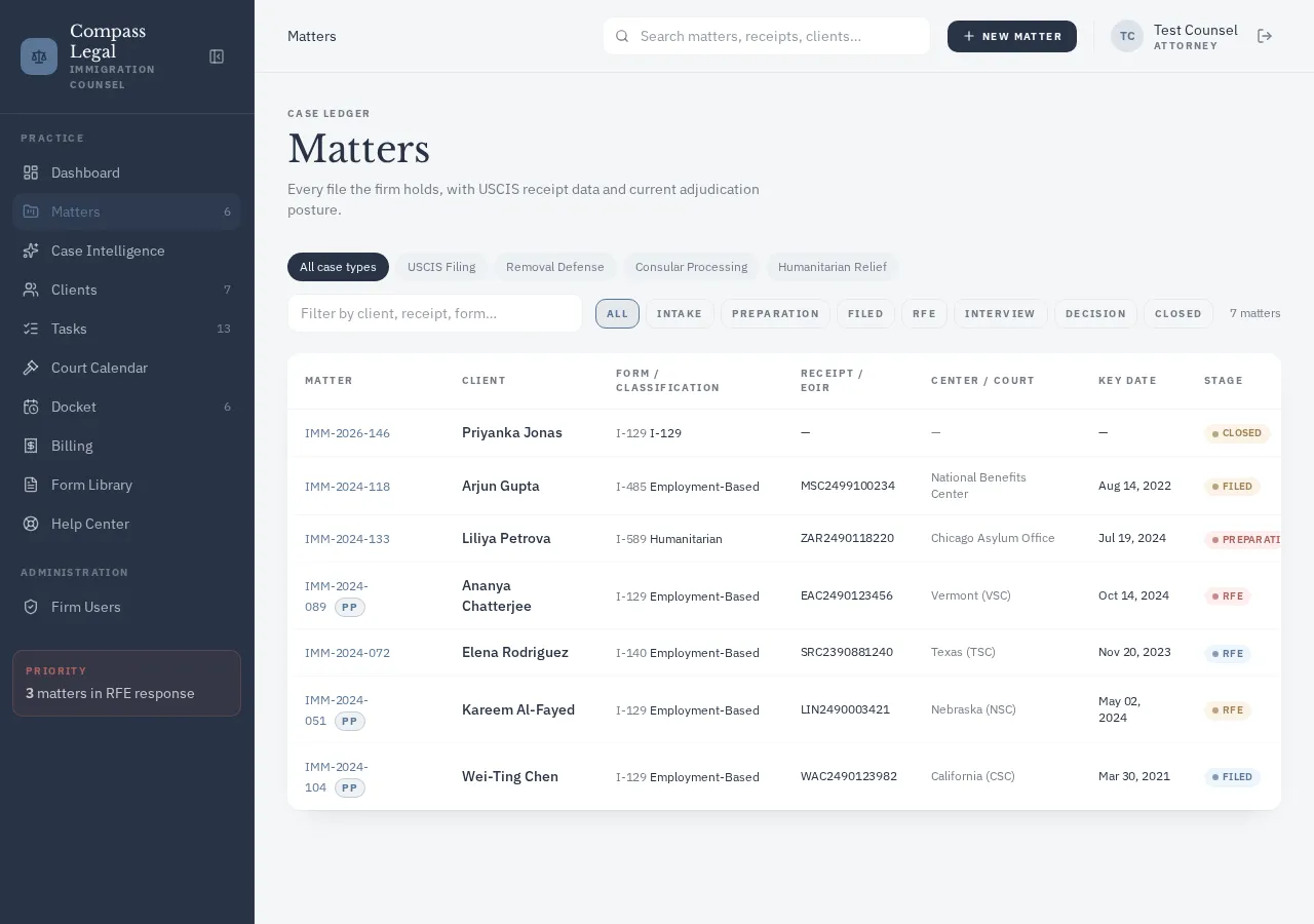 Client cases screen in Compass Legal